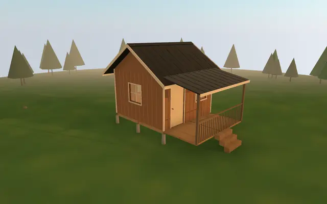 3D render of the 12×12 Tiny Cabin from the cabin builder