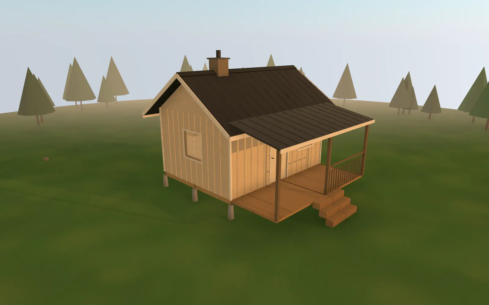 3D render of the 12×16 Hunting Cabin at golden hour, seen from the front corner