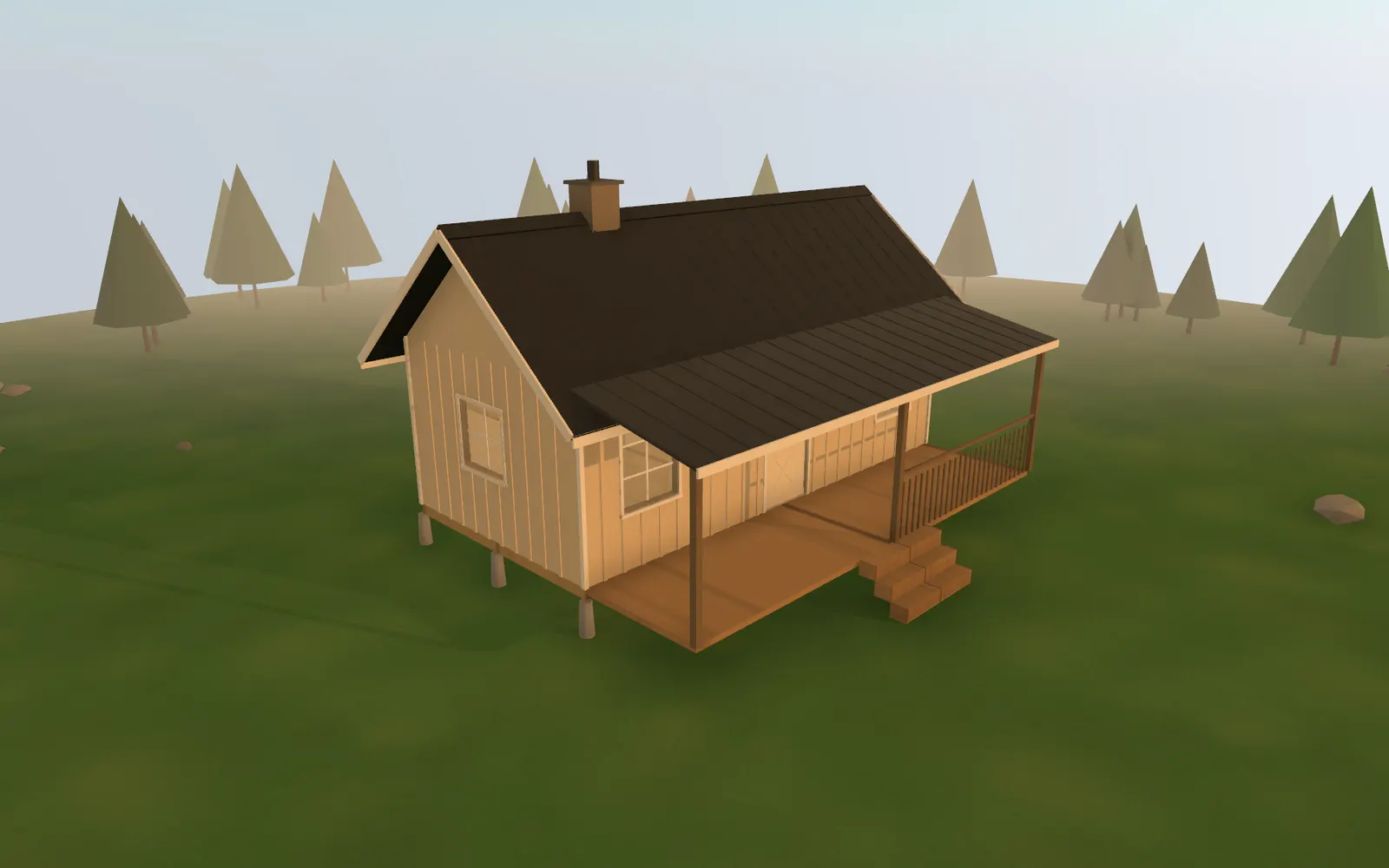 3D render of the 12×24 Cabin with Loft at golden hour, seen from the front corner