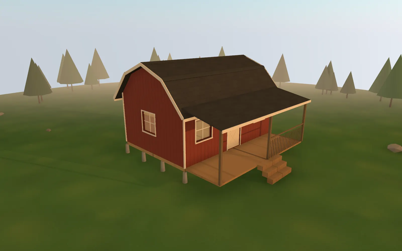 3D render of the 14×20 Gambrel Cabin at golden hour, seen from the front corner