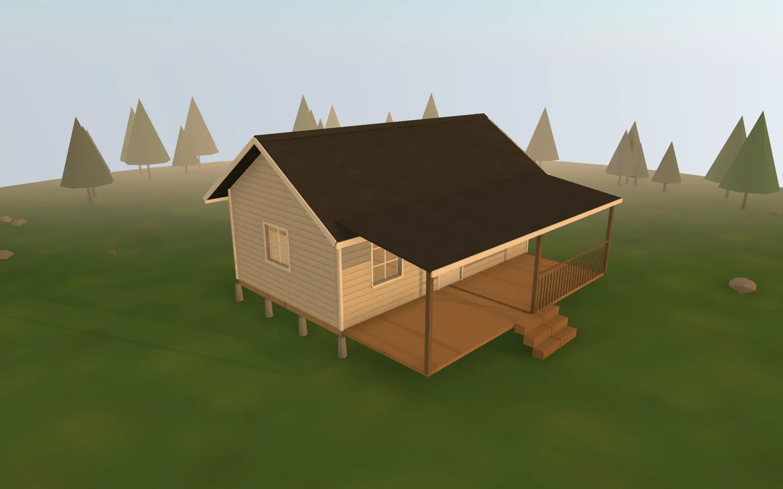 3D render of the 14×24 Cabin with Porch at golden hour, seen from the front corner
