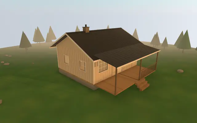 3D render of the 20×24 Off-Grid Cabin from the cabin builder