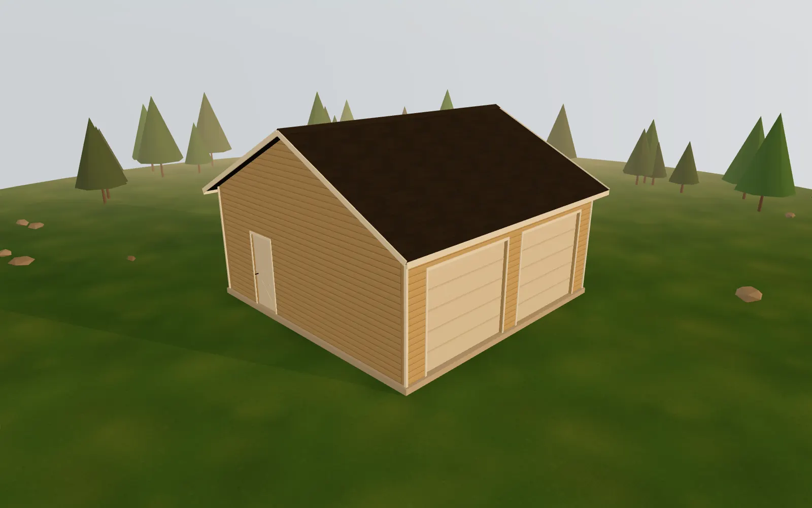 3D render of the 24×24 Two-Car Garage at golden hour, seen from the front corner