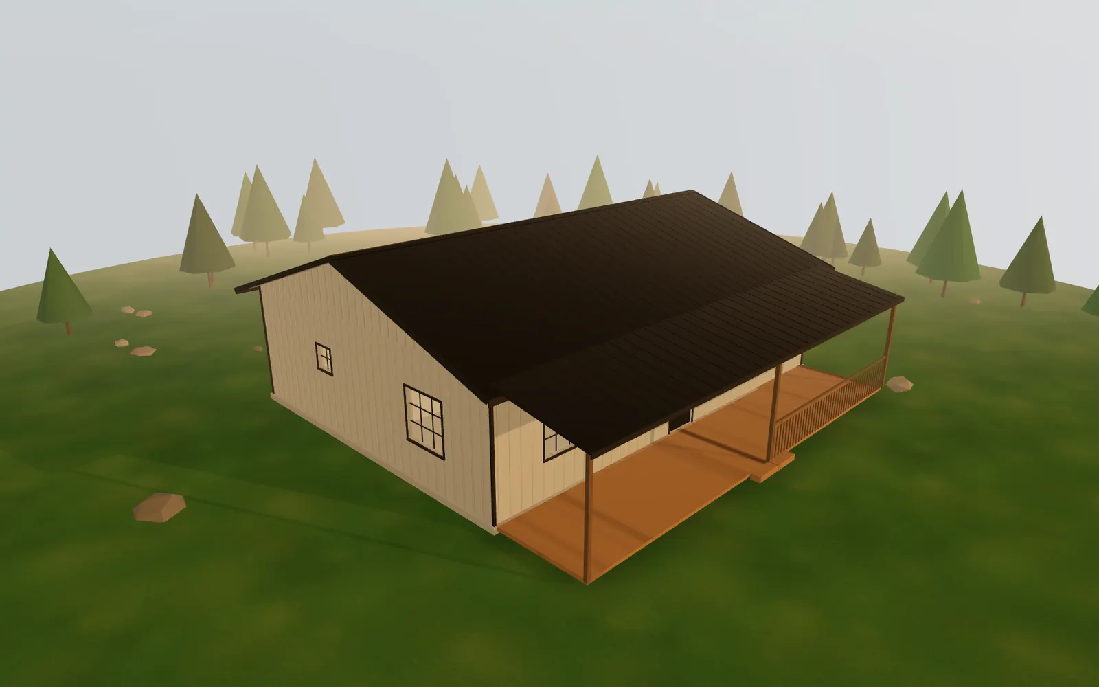 3D render of the 30×40 Barndominium at golden hour, seen from the front corner