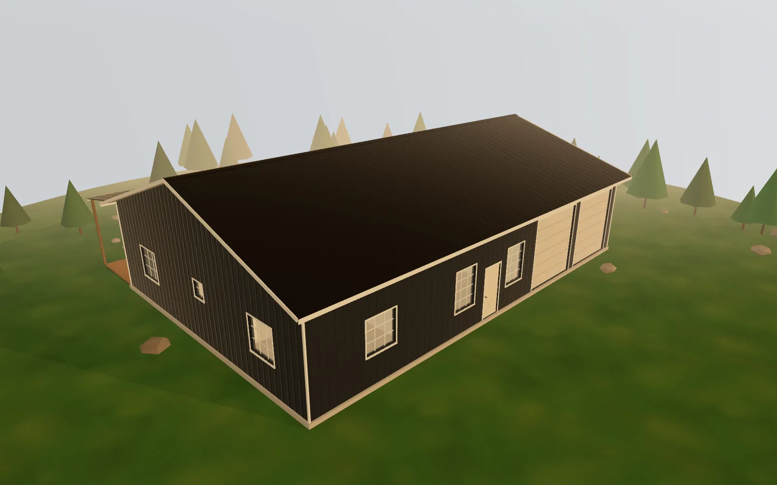 3D render of the 40×60 Shouse at golden hour, seen from the front corner