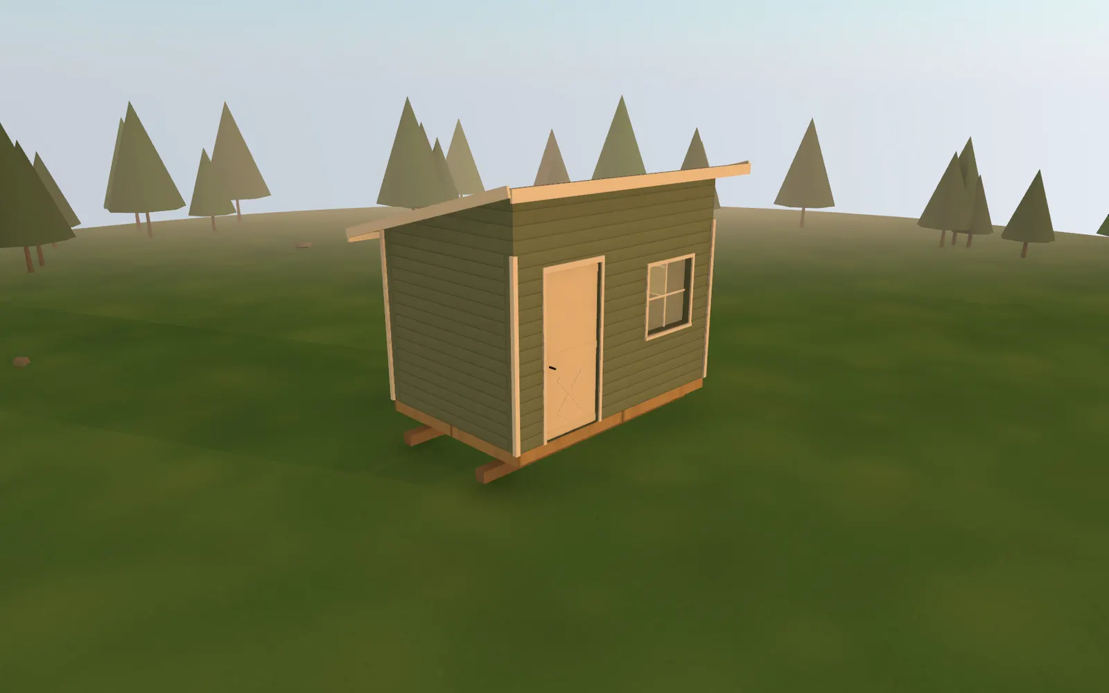 3D render of the 8×12 Bunkie at golden hour, seen from the front corner