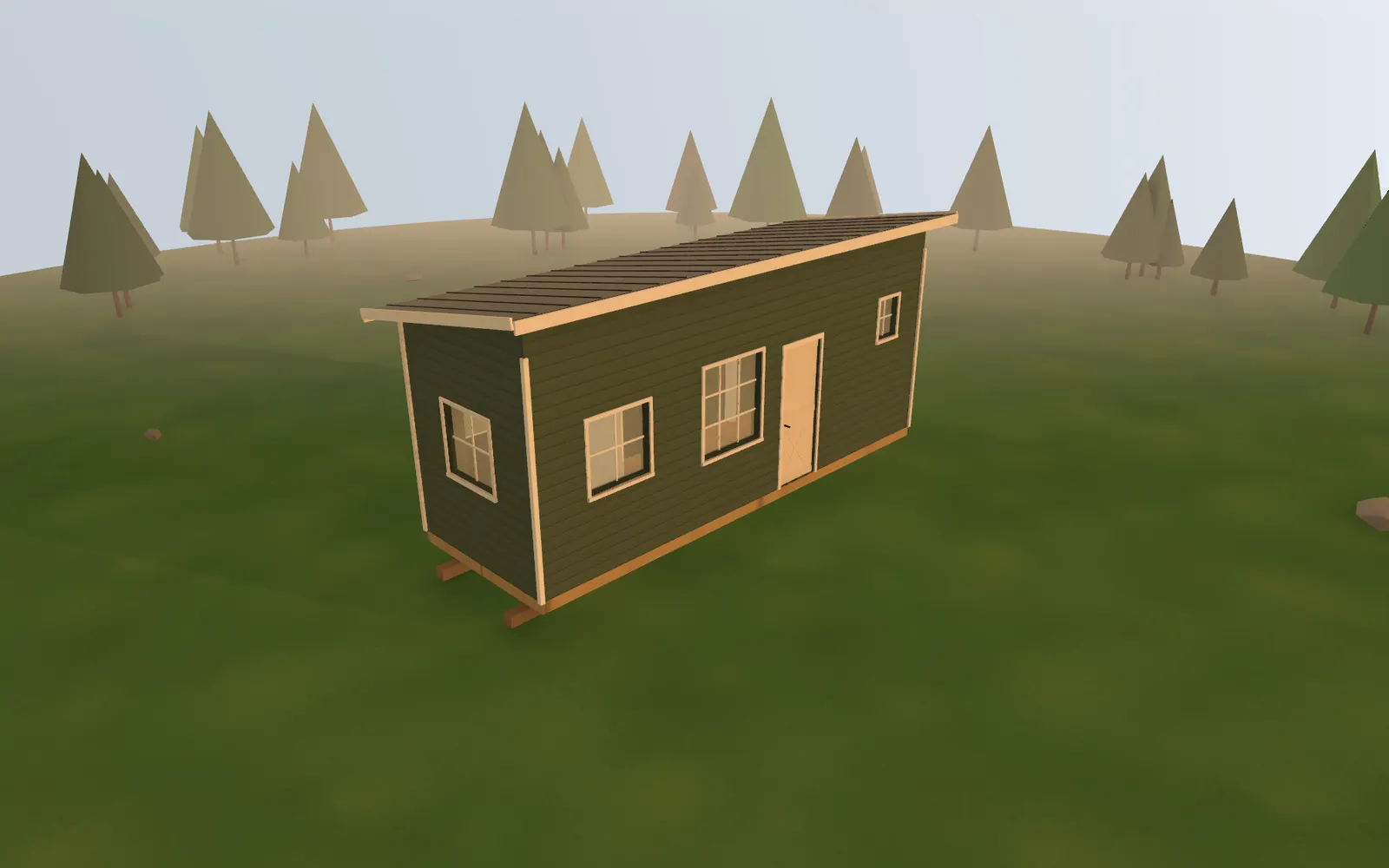 3D render of the 8×24 Tiny House at golden hour, seen from the front corner