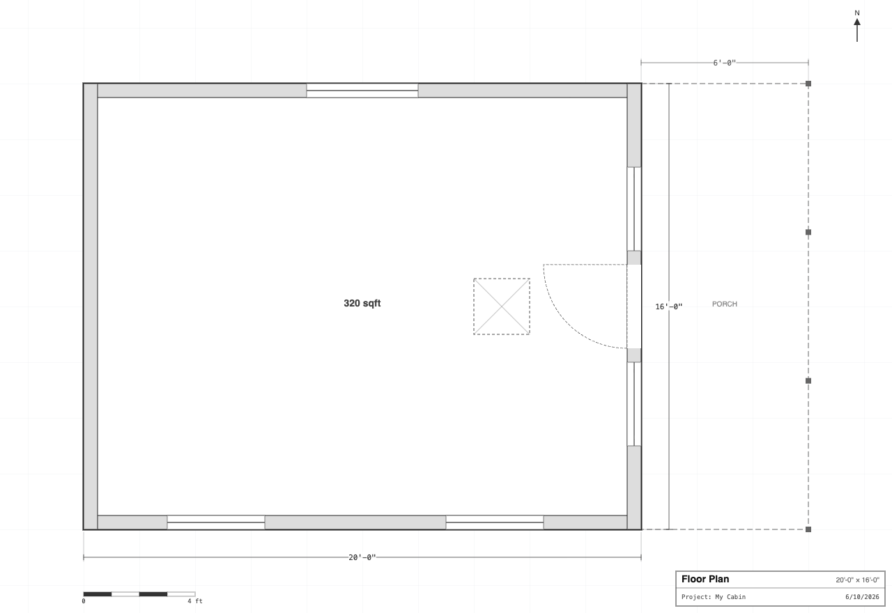 Dimensioned floor plan with porch, door swing, window openings, scale bar, and title block