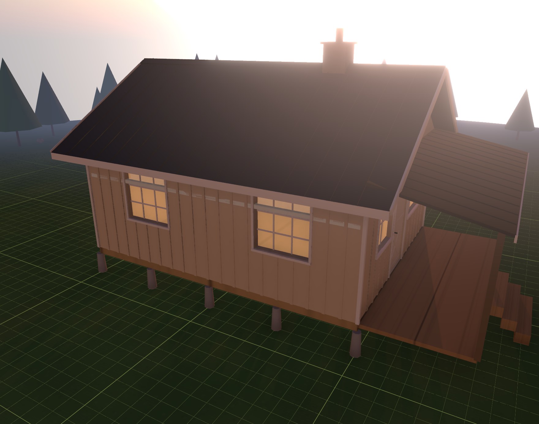 3D-rendered board-and-batten cabin at dusk with glowing windows, a standing-seam metal roof, and a covered porch