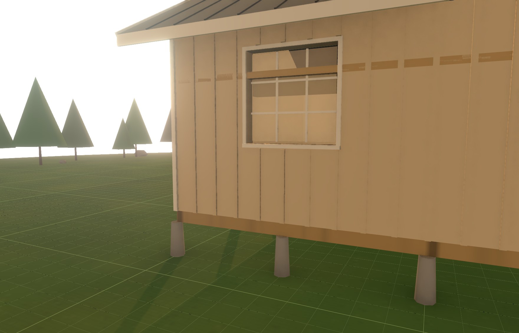 Eye-level walk-mode view beside the cabin wall, showing board-and-batten siding and a trimmed window