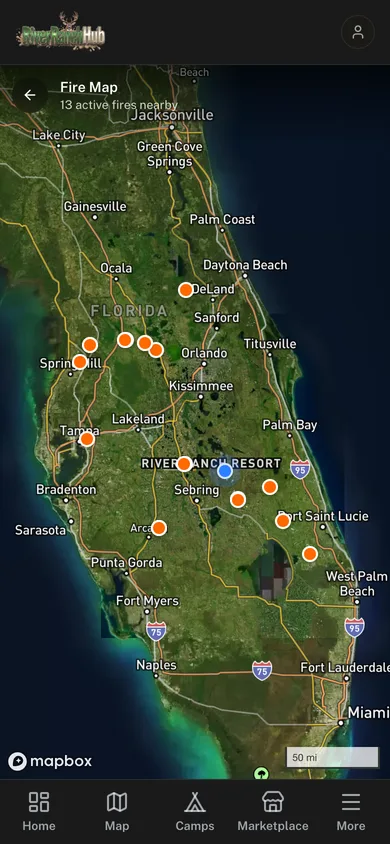 The River Ranch Hub app fire map, showing active fire detections near River Ranch Acres