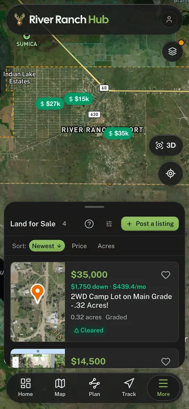 The River Ranch Hub app land-for-sale map, with lots priced on the map and a listing open with its photo and terms