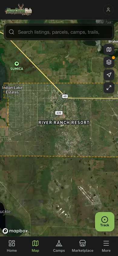 The River Ranch Hub app map, showing the River Ranch Acres boundary over satellite imagery
